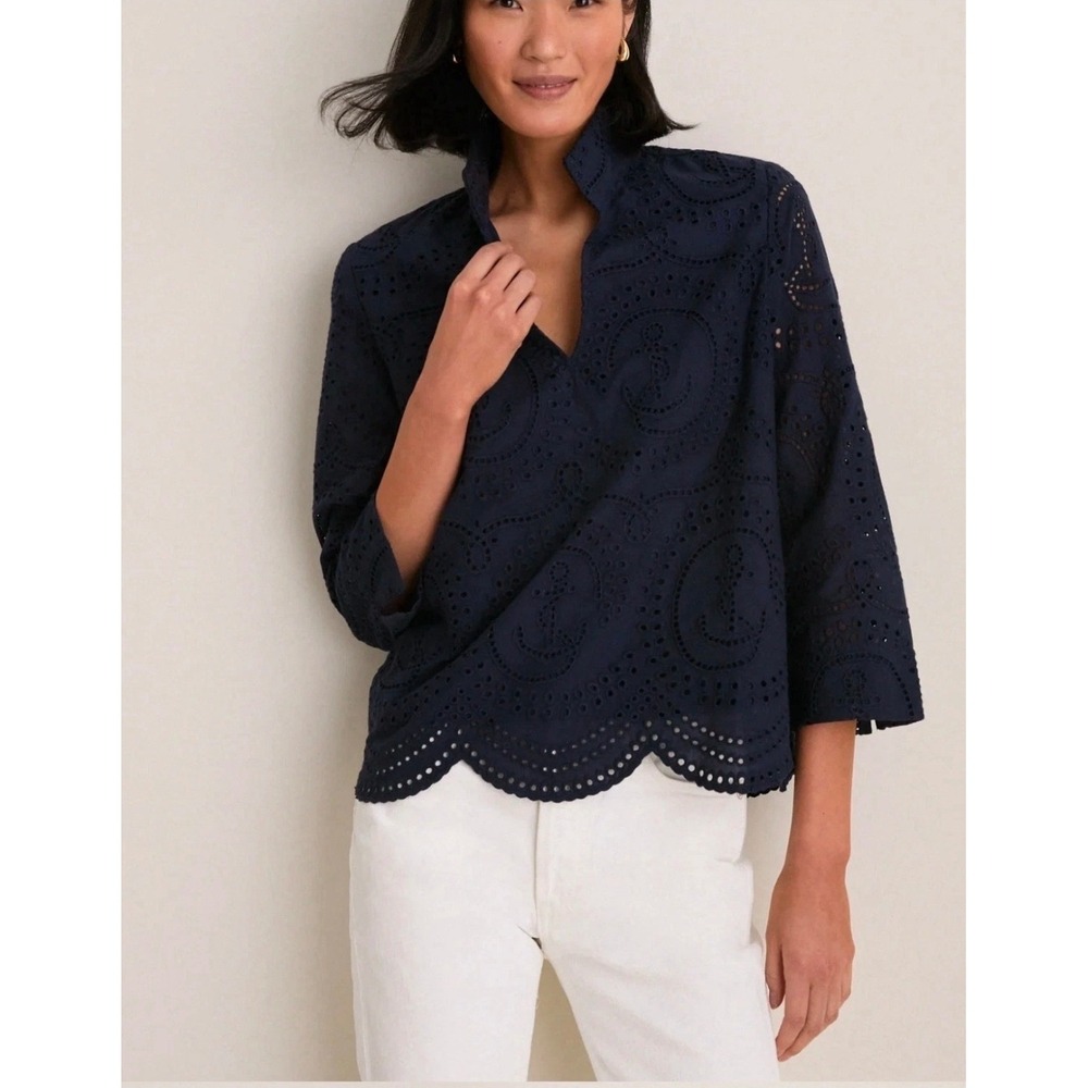 Tuckernuck Navy Nautical Eyelet Margot Stand Collar Top L Scallop Hem Preppy
